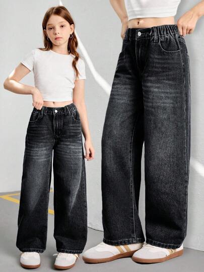 SHEIN Sparklyn Streetcool Tween Girl Vintage Loose Wide Leg Jeans, Casual Straight Leg Denim Pants, School, Campus, College