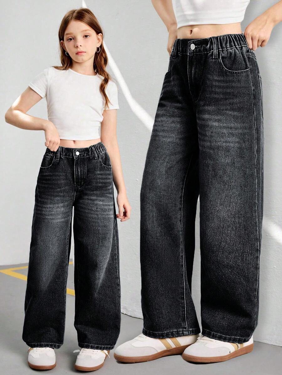 SHEIN Sparklyn Streetcool Tween Girl 复古宽松阔腿牛仔裤，休闲直筒牛仔裤 - 黑色 - 查看 1