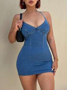 SHEIN EZwear Women's Sexy Bodycon Denim Mini Dress, Blue,Blue,Suitable For Parties, Holidays, Dates, Valentine's Day, Afternoon Tea, Summer / Summer Outfits / Summer Clothes, Backless,Solid Color Sexy Open Back Sleeveless Beach Dress, Formal Party Backless Gown,Vacation Outfits Women,Year-Round,For Spring/Summer Holiday,Beach Mini Dress For Women Summer Women Dresses Vacation Spring/Summer Outfits For Women Rave Outfits Festival Easter Women Outfit,Suitable For Summer - Blue - View 3