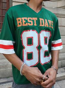 PAVTROS 男士字母印花 V 领短袖休闲 T 恤 - 綠色 - 查看 2