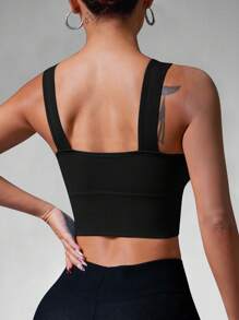 Easithlete Solid Ribbed Knit Sports Push Up Bra - Black - View 7