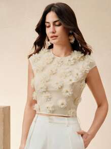 Anewsta Elegant Romantic Pearl Embellished Floral Print Casual Festival Women Spring Summer Blouse, T-Shirt - Apricot - View 3
