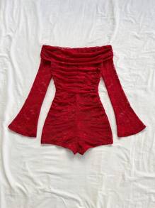 Soleia 假日露肩红色蕾丝喇叭袖荷叶边连体裤 - 紅色 - 查看 2