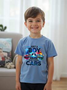 GraphicGems 小男孩“只是个喜欢汽车的男孩”休闲可爱街头轻便夏季T恤 - 藍色 - 查看 2