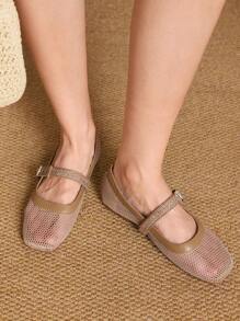 Styleloop Chaussures plates à bout rond pour femme, tige en maille tissée beige, design minimaliste à la mode, confortables et respirantes, fermeture auto-agrippante - Vert olive - Voir 2