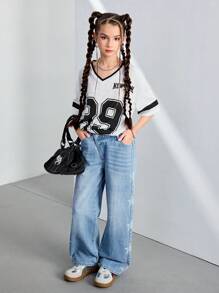 Denimly Girls' Fashion Casual Star Print Adjustable Waist Zipper Fly Washed Denim Jeans - Medium Wash - View 3