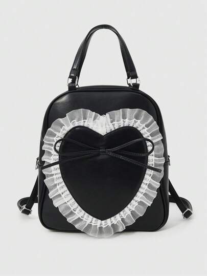 Goth Women's Backpack With Contrast Mesh, Ruffle Trim & Bowknot Decor, Functional, School Backpack, Cute Bow Backpack