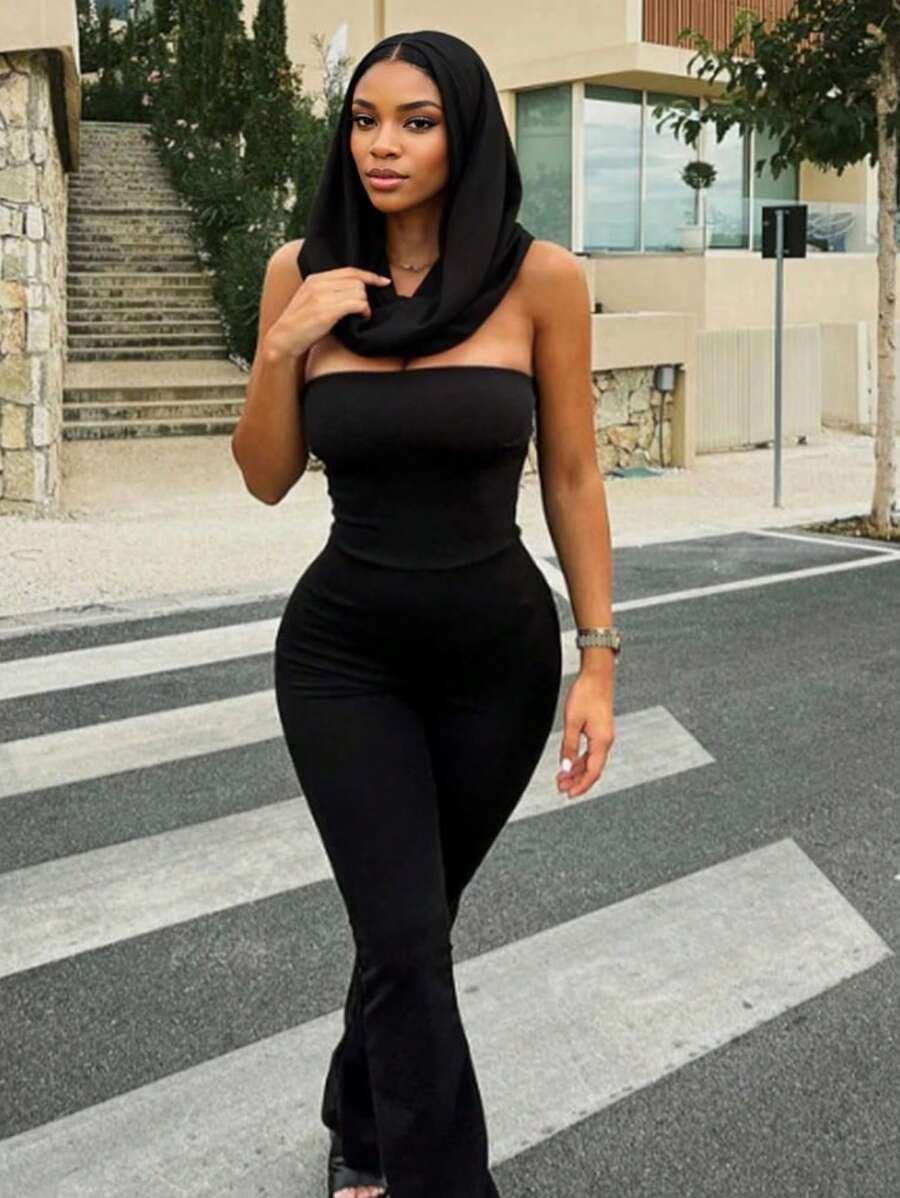 INAWLY جمبسوت جسم مصدود ذات لون أحادي مع وشاح للرأس للأحجام الكبيرة - الأسود - مشاهدة 1