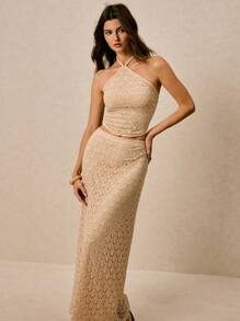Poéselle Women's Holiday Lace Sleeveless Top And Skirt 2 Pieces Set, Fashionable - Apricot - View 4