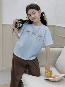 Dazy Kids Tween 女童蝴蝶结图案印花圆领短袖上衣和裤子家居服套装