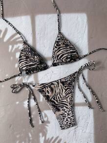 Swim Vcay 2025 夏季海滩蕾丝 & 随机印花拼接露背性感上衣和侧系带泳裤女式比基尼套装豹纹比基尼三角比基尼两件套比基尼 - 彩色 - 查看 2