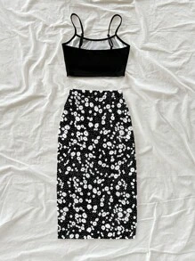 Soleia Women Casual Vacation Camisole Tank Top And Ditsy Floral High Slit Drawstring Tie-Front Skirt 2 Pieces Set, Suitable For Summer,Summer Sets Suitable For Going Out - Multicolor - View 2