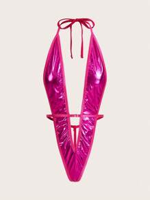 性感迷人闪亮 PU 皮革性感紧身衣女式内衣外衣外出 - 玫紅色 - 查看 3