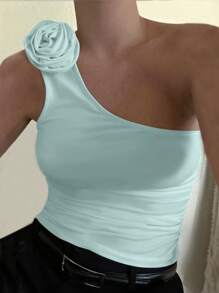 Women Solid Color Asymmetrical Neckline 3D Floral Top - Blue - View 3