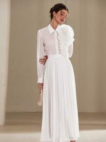 Aveloria Rosie 2pcs French Elegant Floral 3D Embellished See-Through Chiffon Button-Up Blouse And Pleated Skirt Set For Women