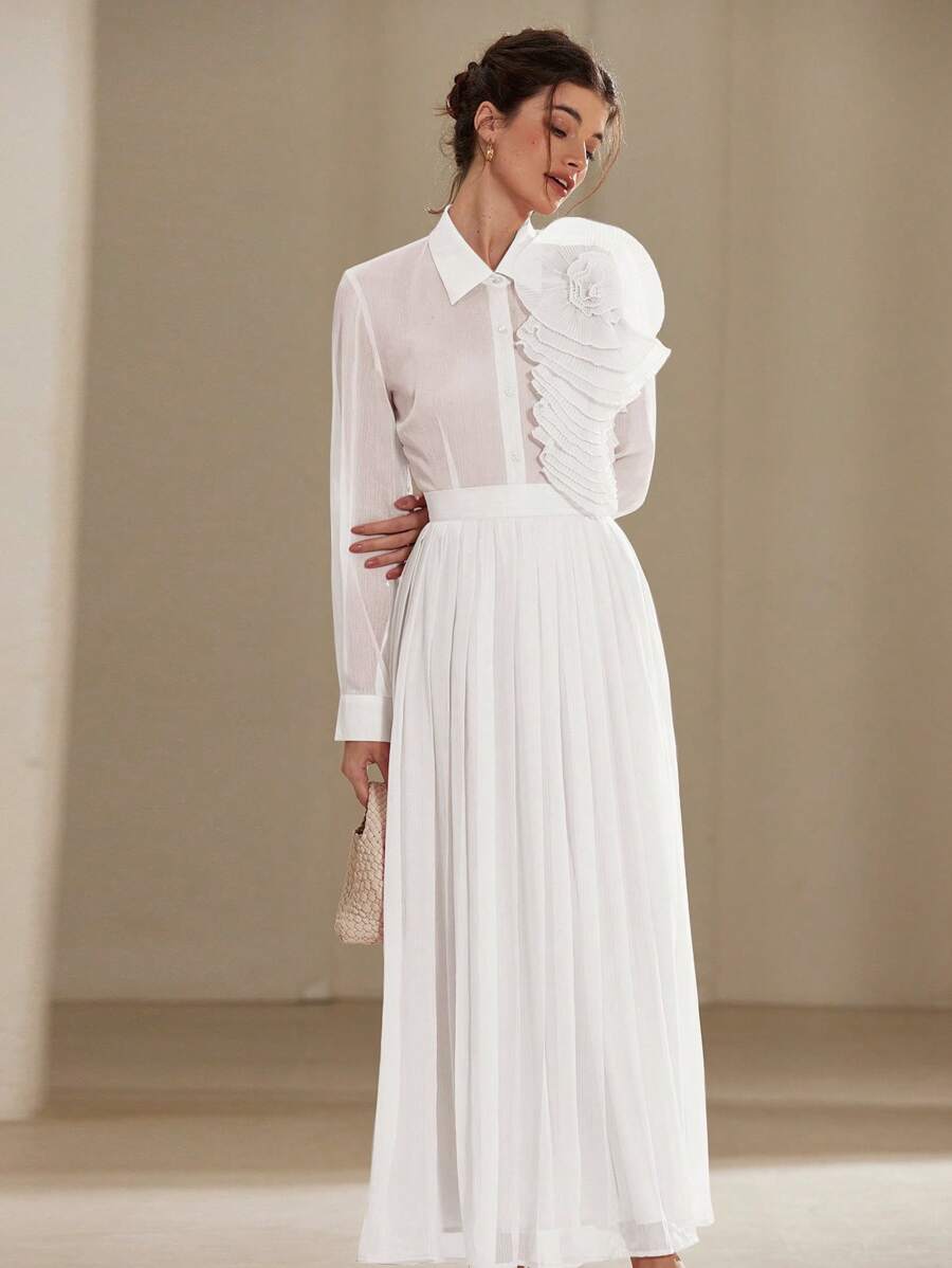 Aveloria Rosie 2pcs French Elegant Floral 3D Embellished See-Through Chiffon Button-Up Blouse And Pleated Skirt Set For Women