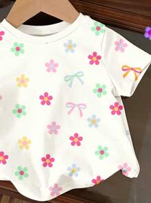 SHEIN Áo thun cổ tròn tay ngắn đơn giản họa tiết hoa mini nhiều màu dễ thương cho bé gái, phù hợp cho mùa hè - Nhiều màu - Xem 5