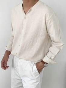 DAZY Spring Solid Khaki Men's Long Sleeve Single-Breasted Shirt - Khaki - View 7