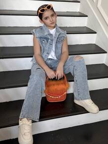 TWEEN GIRLS Y2K Fashion Fuzzy Hem Crop Jacket & Relaxed Fit Jeans Set, Street Style Casual Outfit voor Tween Girls