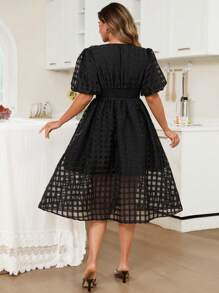 KURAYIA Elegant Sheer Puff Sleeve Shirred Black Dress For Plus Size Women, Summer - Black - View 2