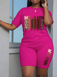 Chiquease 2pcs Women Casual Letter & Leopard Print Round Neck Short Sleeve Top And Shorts Set