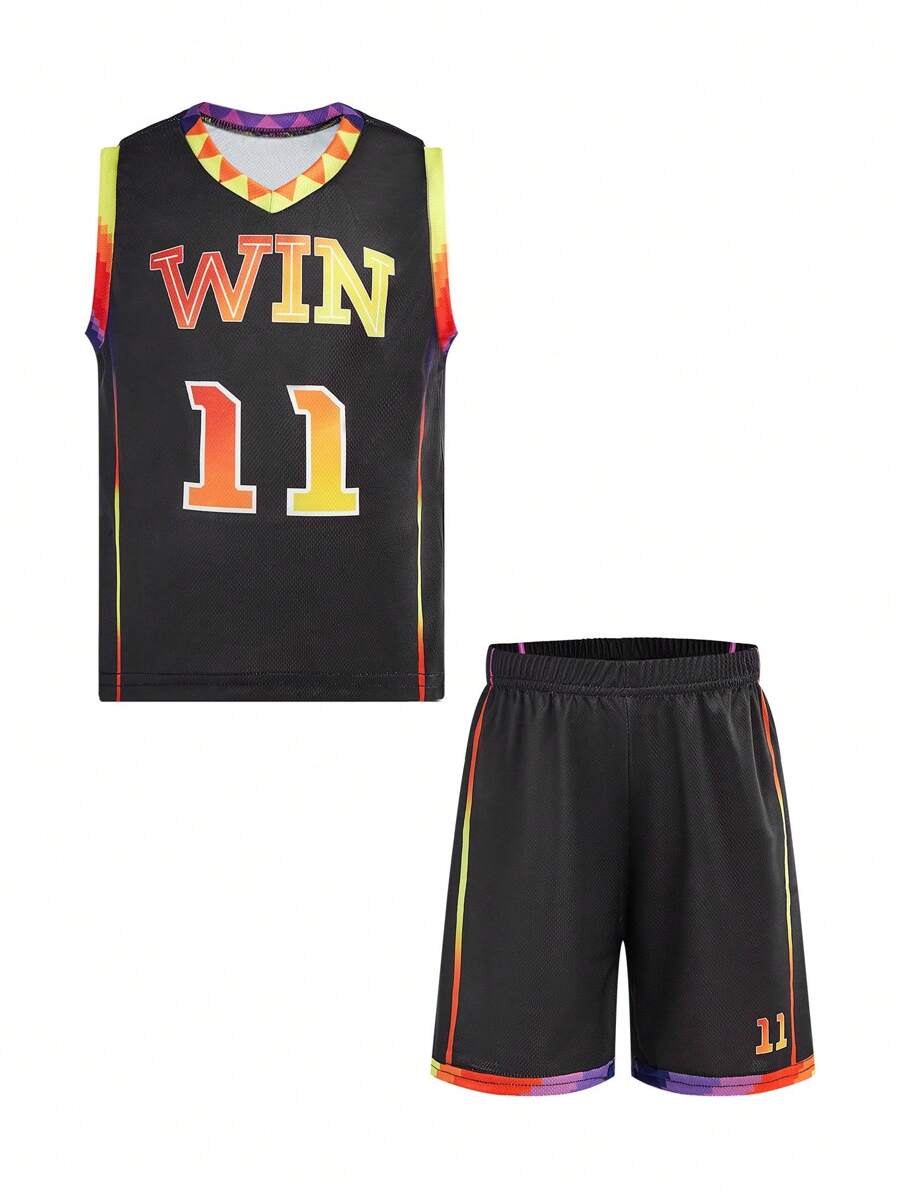 SHEIN 2pcs/Set Boys Active Sports Vest Top And Shorts Outfit, Comfortable For Running, Training, Outdoor Fitness, Football, Basketball, Cycling