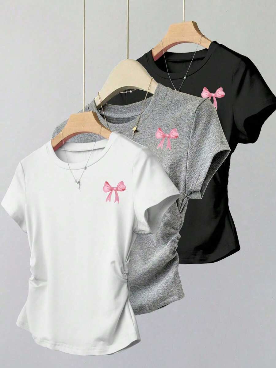 Sparklyn 3pcs/Set Teen Girl Casual Versatile Cute Bow Print Short Sleeve T-Shirt Top - Multicolor - View 1