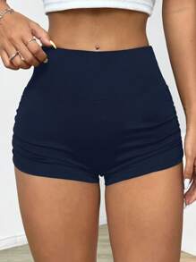 SHEIN EZwear 女士夏季休闲纯色高腰褶皱修身迷你短裤