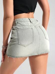 SHEIN PETITE Women's Casual Versatile Denim Mini Skirt With Pockets - Green - View 2