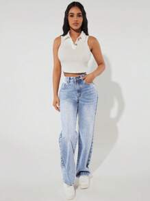 SHEIN PETITE Quần Jeans Ống Đứng Túi Xiên In Hình Mèo Dễ Thương Thường Ngày - Rửa nhẹ - Xem 3