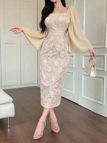 DAZY Robe mi-longue élégante à manches longues pour femmes avec col carré jacquard. Convient pour les événements de printemps/automne. Robe de femme élégante et formelle, robe de soirée de luxe - Beige - Voir 3
