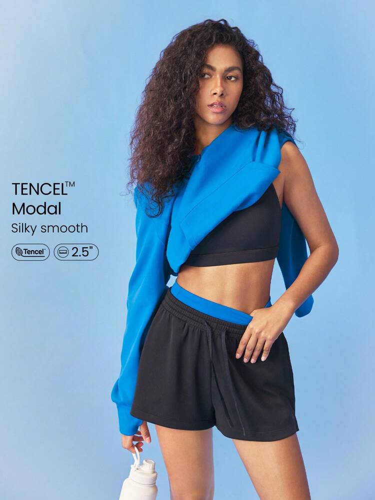 모달 실키한 부드러운 라이트 라운지 조절가능 끈 허리 기본 반바지, 측면 포켓 일상 캐주얼 웨어