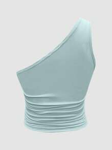 Women Solid Color Asymmetrical Neckline 3D Floral Top - Blue - View 2