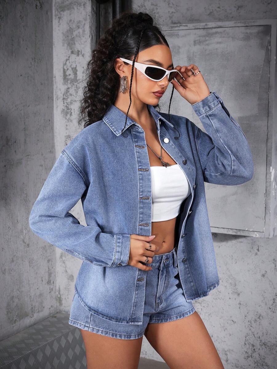 SHEIN EZwear Women's Casual Light Wash Denim Jacket With Round Neck And Wrist-Length Sleeves - Light Wash - View 1