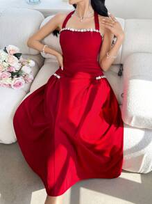 Modelyn Robe longue femme élégante à dos ouvert avec décoration de strass et encolure montante