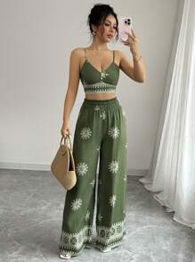 Elenzga 2pcs/Set Women Green Floral Print Camisole Tank Top & Casual Long Pants Suit, Holiday Style