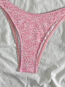 SHEIN Swim Roupas de praia de verão para mulheres, tecido de textura floral, conjuntos de biquínis fofos com frente torcida - Rosa - Ver 6