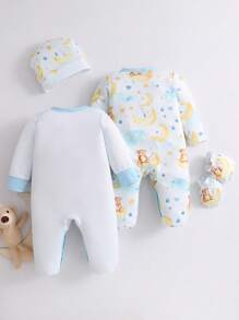4pcs Baby Boy Pajamas Set With Moon & Bear Pattern - Footie, Hat, Gloves - Baby Blue - View 2