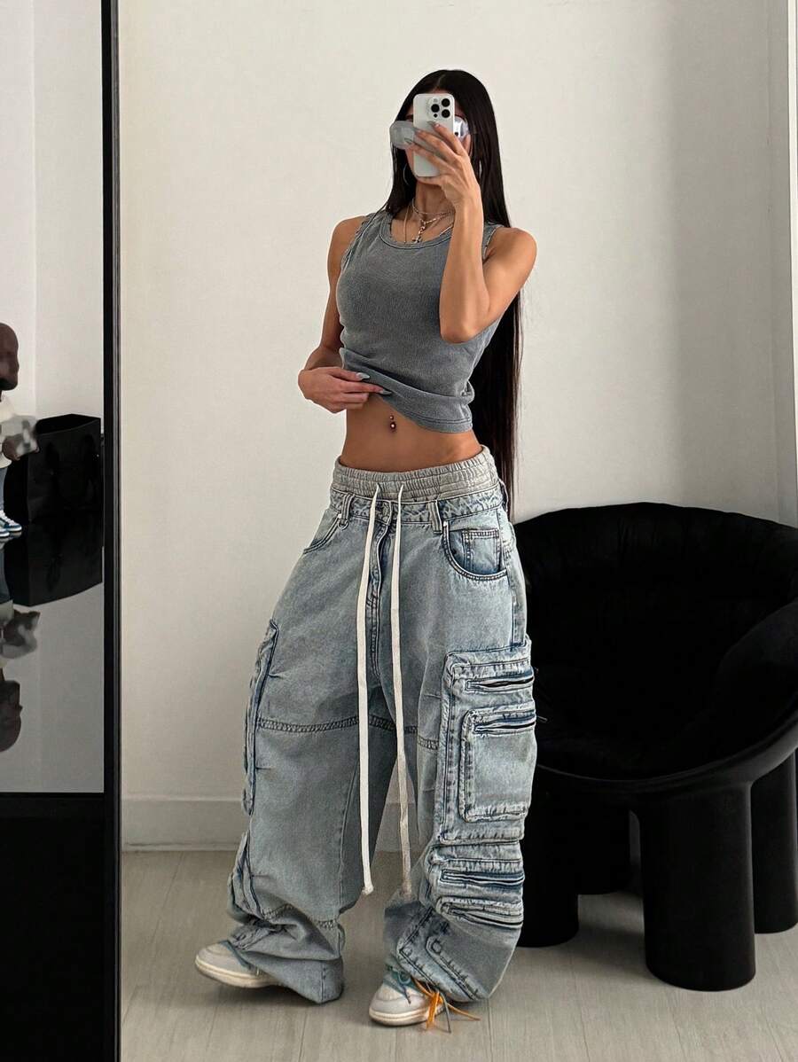 StreetHx Streetwear Women Spring/Summer Solid Color Distressed Washed Vintage Tank Top - Grey - View 1