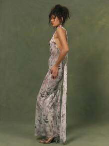 MUSERA Vestido largo elegante, sexy y de ocasión para graduación, fiesta o vacaciones, con un hombro, cuello con pañuelo anudado y estampado floral, ajustado y de largo hasta los tobillos, para primavera y verano - Verde - Ver 2