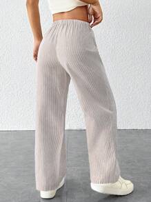 SHEIN PETITE Striped Women's Linen Low Rise Pants, Summer Vacation - Brown - View 2