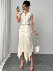 Firerie 女士优雅西装外套领子聚拢腰线纽扣褶皱不对称两件套双排扣腰部收腰上衣和不对称褶裙，教师装，适合派对、母亲节、时尚、音乐节、约会之夜、办公室着装、返校、舞会、婚礼、约会、音乐会、通勤、狂欢节、情人节、优雅、夏季/春季、音乐会 - 杏色 - 查看 4