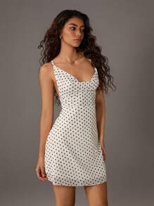 TRNVIE Women's Asymmetrical Strappy Backless Polka Dot Mesh Mini Slip Dress, Romantic Beach Holiday Style, Spring/Summer - Apricot - View 5