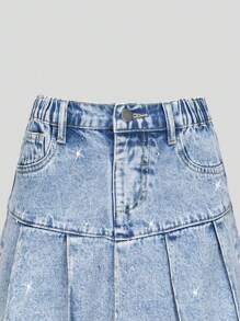 Tween Girls Fashion Light Blue Denim Washed Rhinestone Pleated Casual Elastic Waist Girls Denim Skirt