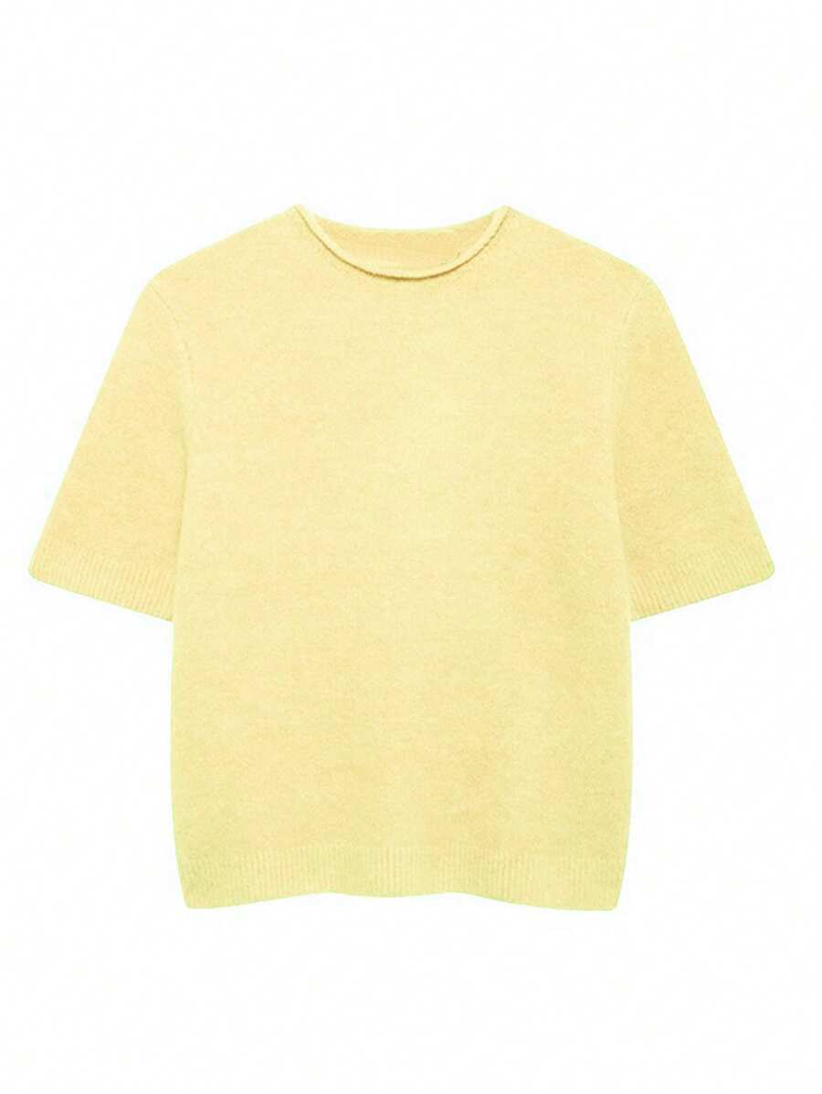 INAWLY Top maille ample femme col rond manches courtes couleur unie - Jaune citron - Voir 1