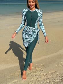 Swim Shayni Women 3pcs/Set Tie-Dye Random Print Long Sleeve One Piece Swimsuit Swimwear With Mid-Waist Long Pants And Mini Skirt, Elegant Modest One-Piece