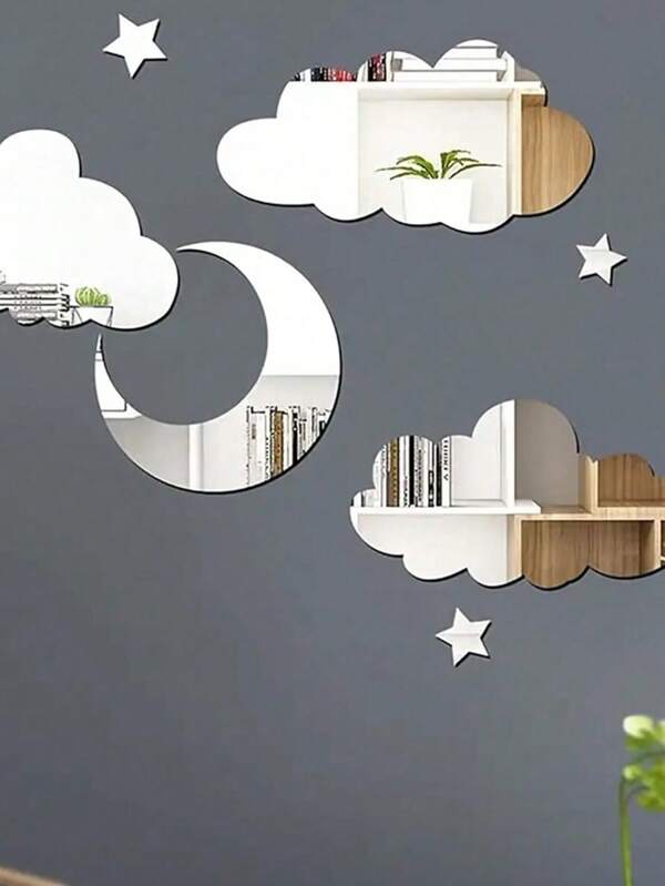 SHEIN 8pcs/Set,DIY 3D Wall Mirror Stickers For Wall Decoration, Acrylic Wall Stickers With Moon, Stars, And Clouds, Adhesive Art Decals For Living Room And Bedroom Wall Art Decoration