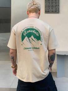 DAZY 男士休闲字母印花短袖 T 恤，夏季 - 杏色 - 查看 3