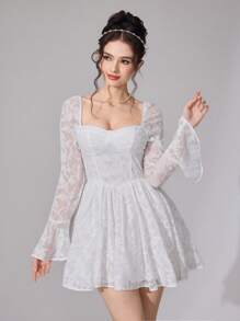 Modelyn Vestido corto de mujer de unicolor elegante con mangas abombadas y recortes - Blanco - Ver 6