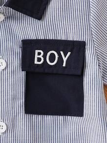 SHEIN Playful Pals Baby Boy Academy Style Blue And White Stripe Romper And Hat Set,Summer Casual Family Matching Outfit,Letter Embroidery Pocket,Spring/Summer Vacation - Royal Blue - View 5